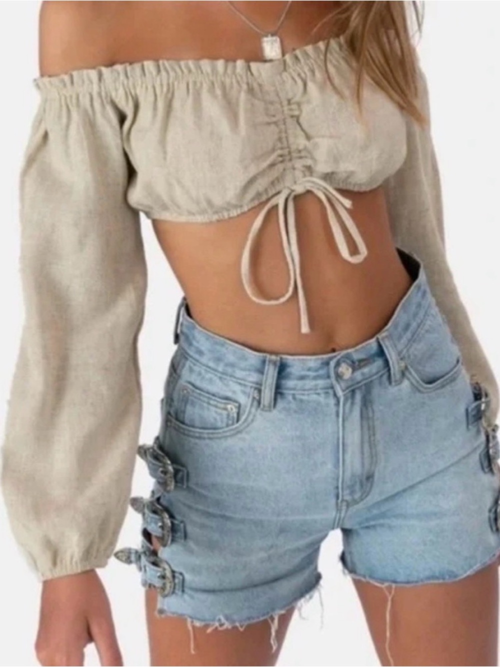 5/25$ Adika Beige Ruched Off-Shoulder Crop Top Size s-m